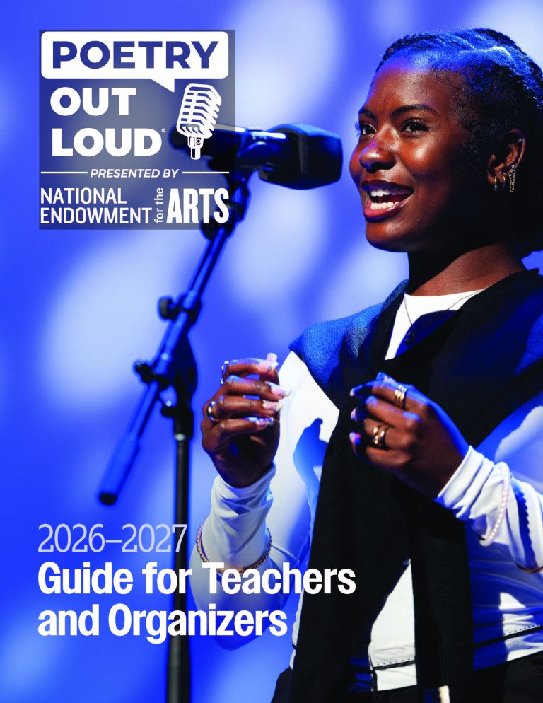 The Cover of the 2026-2027 Teacher's Guide. A student recites at a stand microphone.